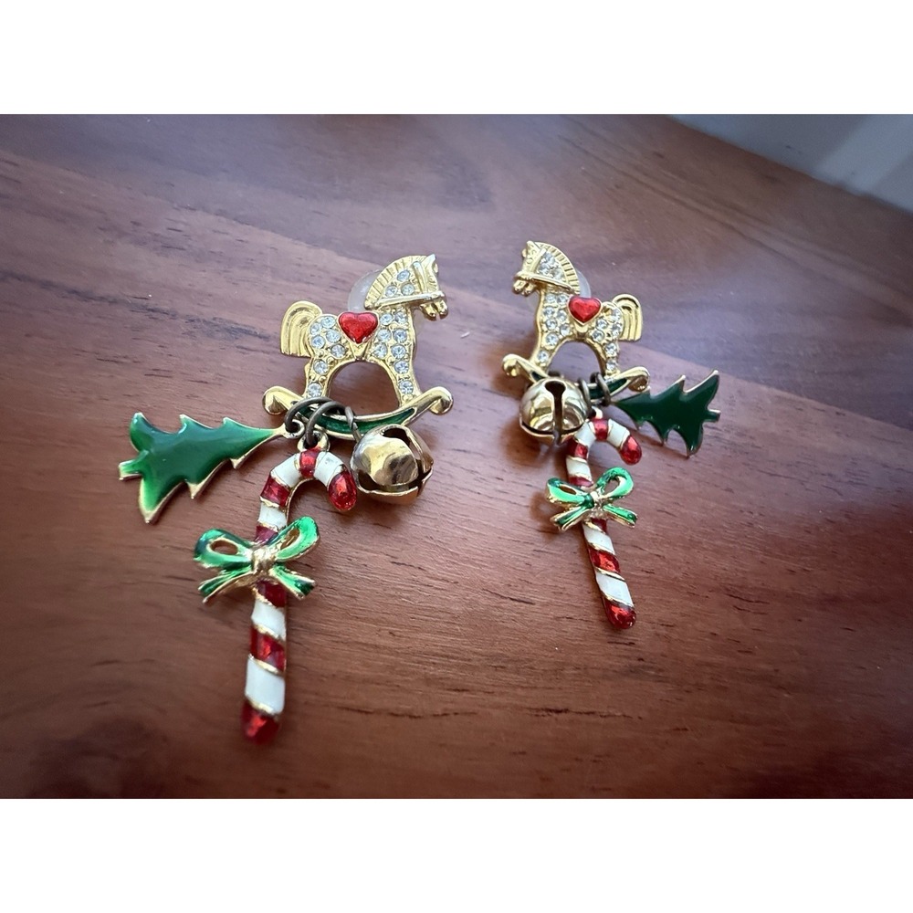 VINTAGE CHRISTMAS Pair Of RON ROCKING HORSE DANGLES RHINESTONES Earrings MCM